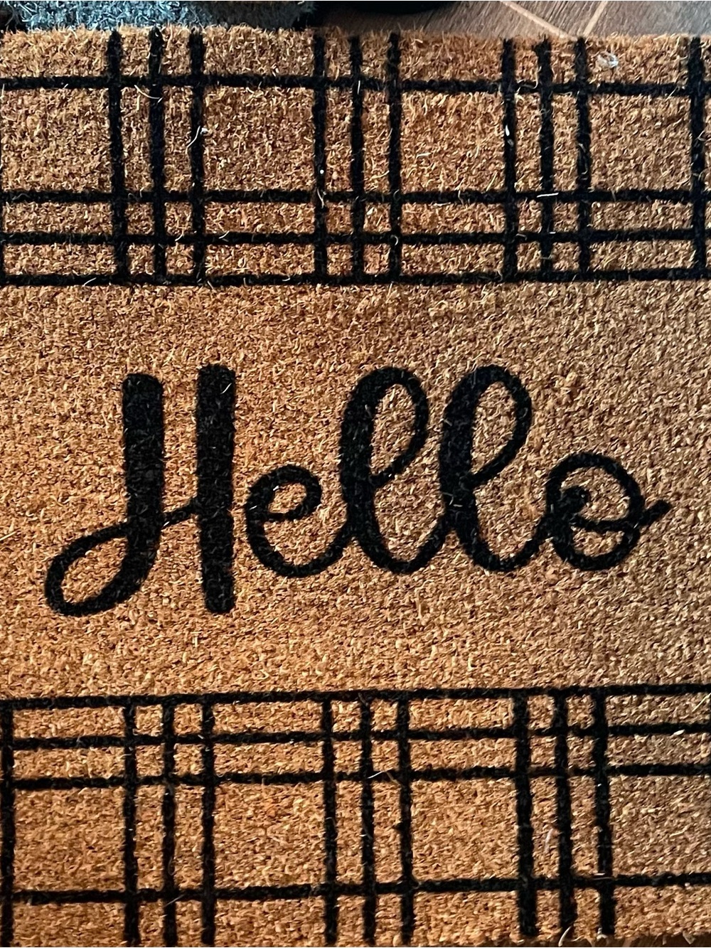 Hello Text Coir Doormat in Tan and Black - Brand